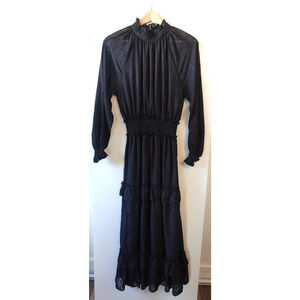 Womens Maxi Dress 8 Black Boho Ruffle Tiered Sheer Glitter Whimsigoth Goth Party